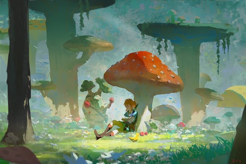 link, korok, and hestu (the legend of zelda and 1 more) drawn by zzz_(orchid-dale)