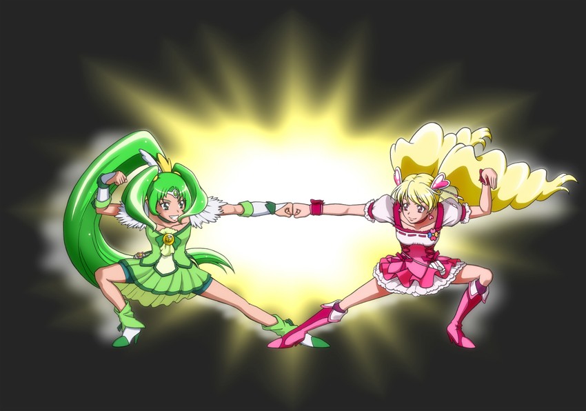 midorikawa nao, momozono love, cure march, and cure peach (gundam and 4 more) drawn by kijinaka_mahiro