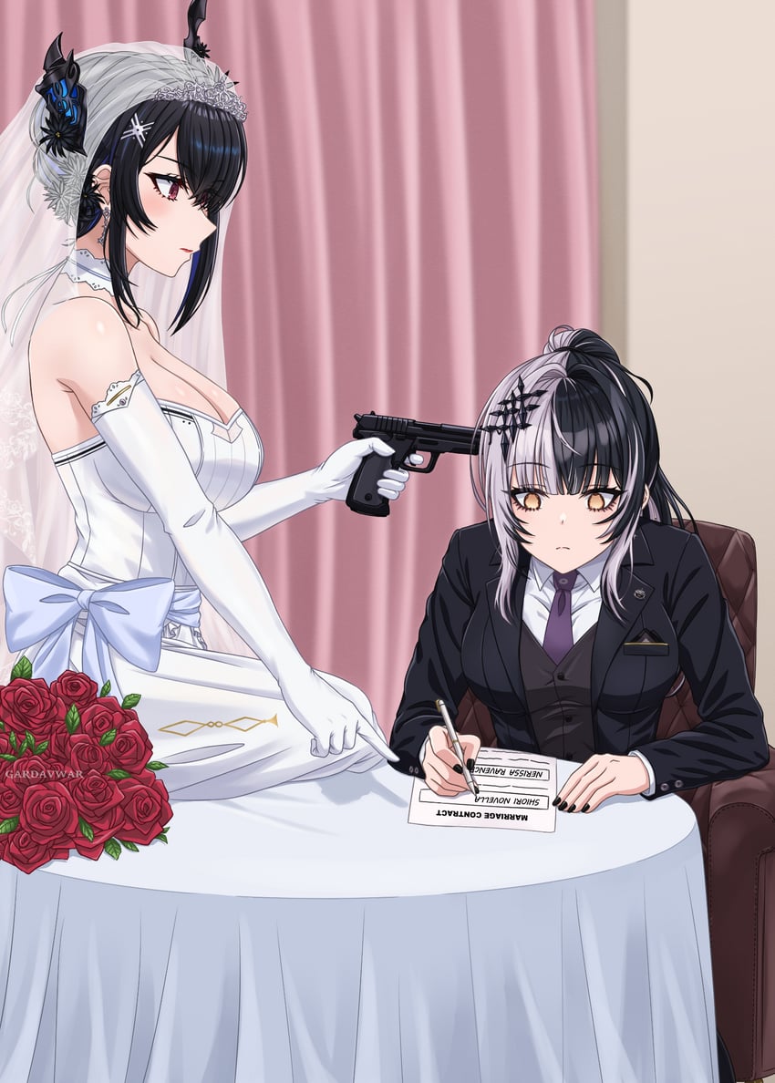shiori novella, nerissa ravencroft, and novelites (hololive and 1 more) drawn by gardavwar