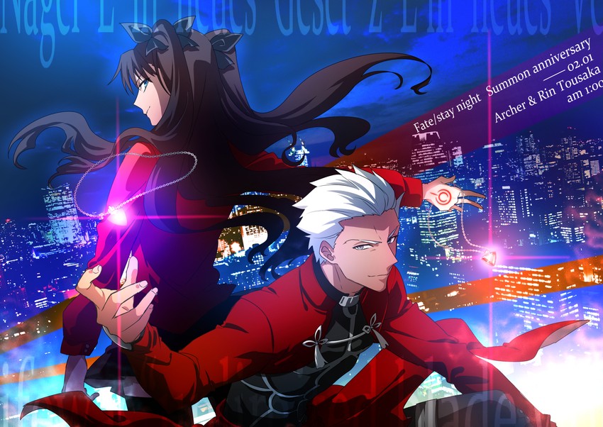tohsaka rin and archer (fate and 1 more) drawn by karasaki