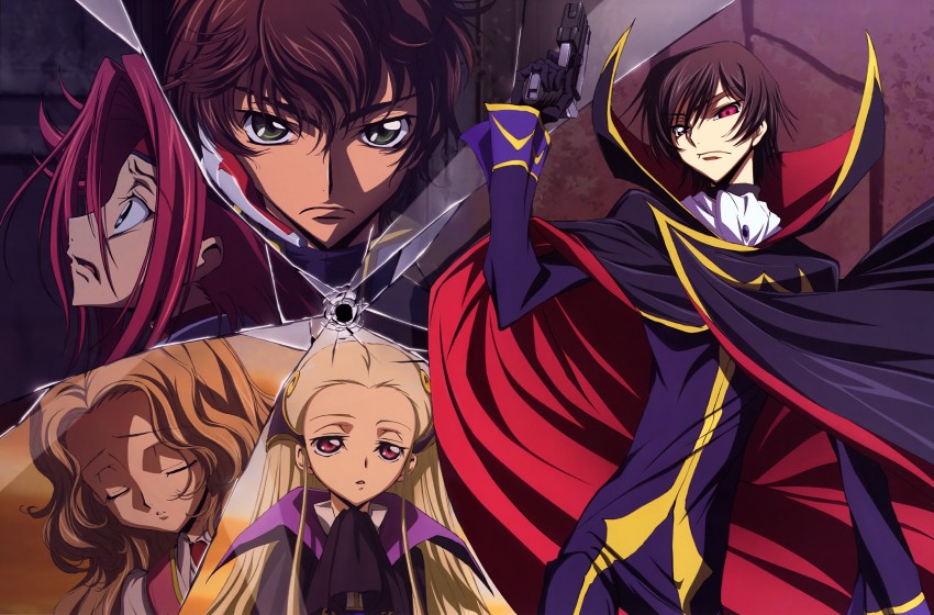 lelouch vi britannia, kouzuki kallen, kururugi suzaku, nunnally vi britannia, zero, and 1 more (code geass) drawn by okayama_shinako