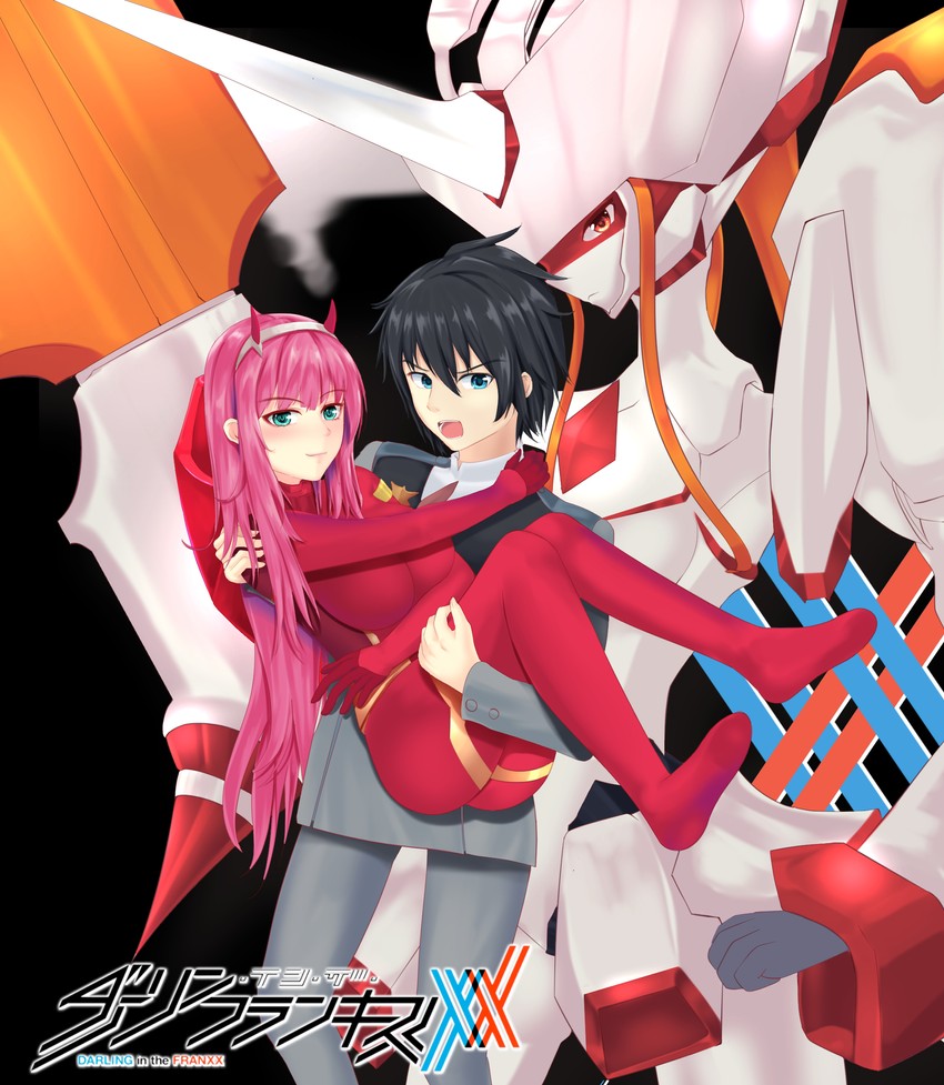 zero two, hiro, and strelizia (darling in the franxx) drawn by rushlady