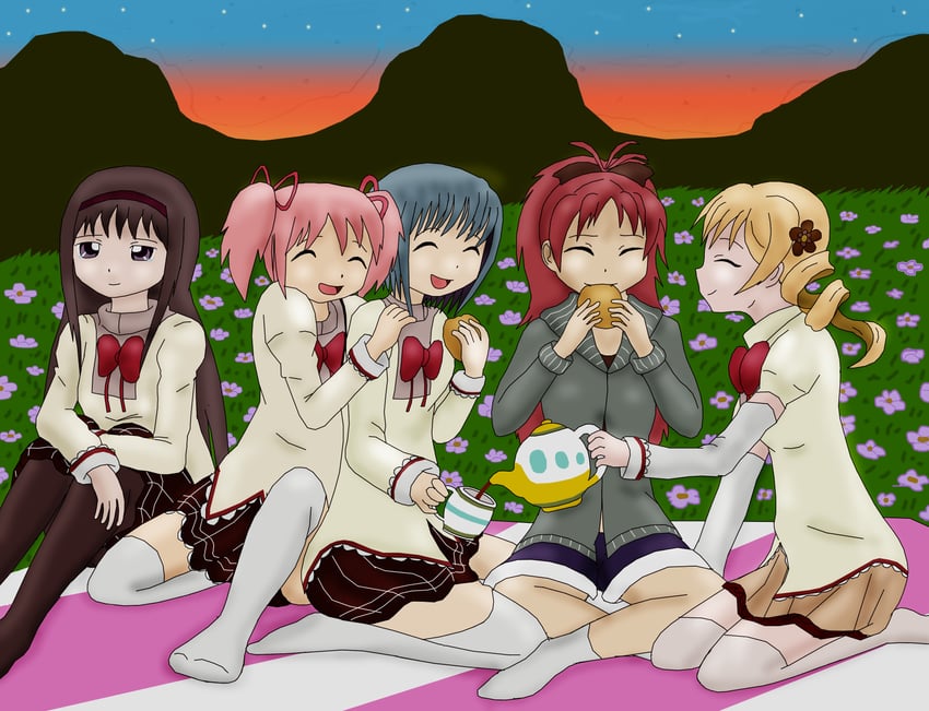 akemi homura, kaname madoka, miki sayaka, sakura kyoko, and tomoe mami (mahou shoujo madoka magica) drawn by majka626