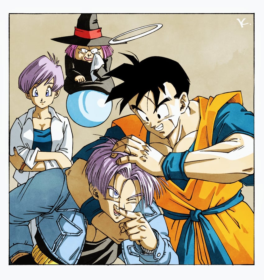 bulma, son gohan, trunks, and baba (dragon ball and 1 more) drawn by kakeru_(dbskakeru)