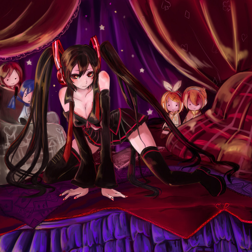 kagamine rin, kagamine len, kaito, meiko, and zatsune miku (vocaloid) drawn by alice_(afternoon_gleam)