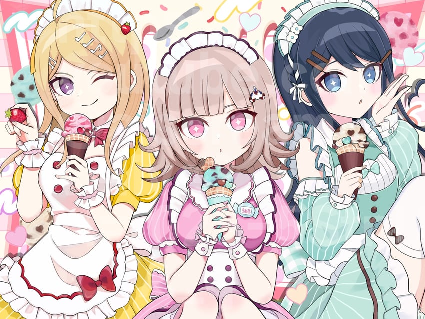 nanami chiaki, akamatsu kaede, and maizono sayaka (danganronpa and 3 more) drawn by q_ten_a