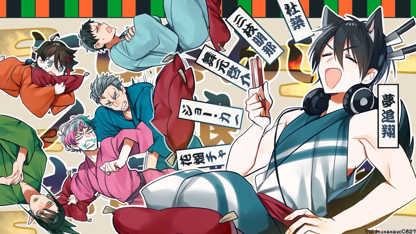 saegusa akina, yumeoi kakeru, yashiro kizuku, hanabatake chaika, joe rikiichi, and 1 more (nijisanji) drawn by ninahachi