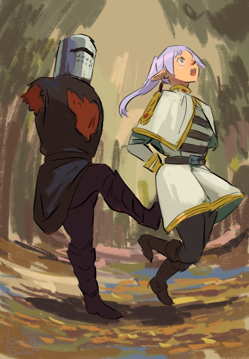 frieren and black knight (sousou no frieren and 2 more) drawn by kanokoga