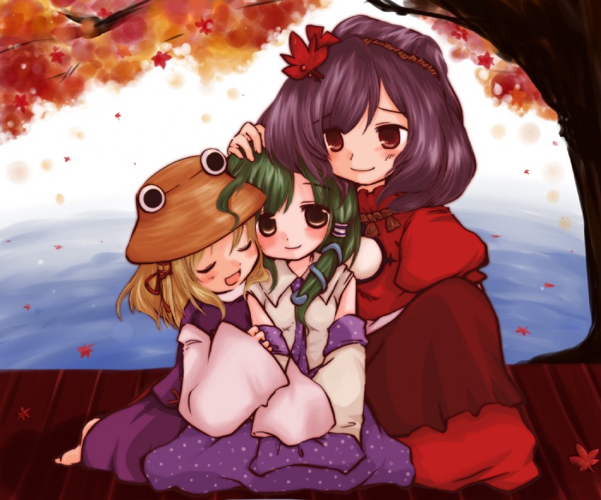 kochiya sanae, moriya suwako, and yasaka kanako (touhou) drawn by futami_yayoi