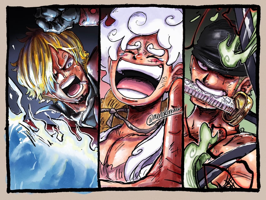 monkey d. luffy, roronoa zoro, and sanji (one piece) drawn by rashad