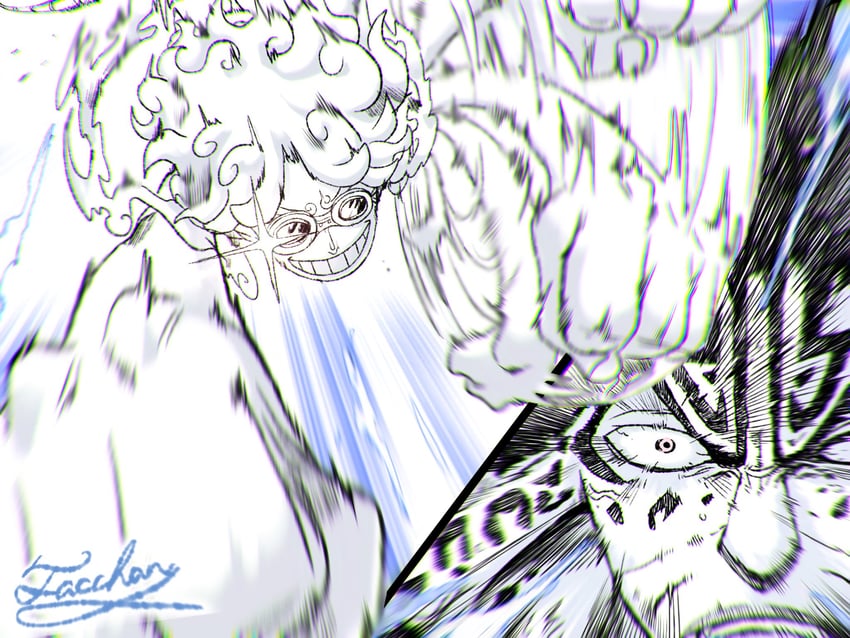 monkey d. luffy and rob lucci (one piece) drawn by tacchan56110