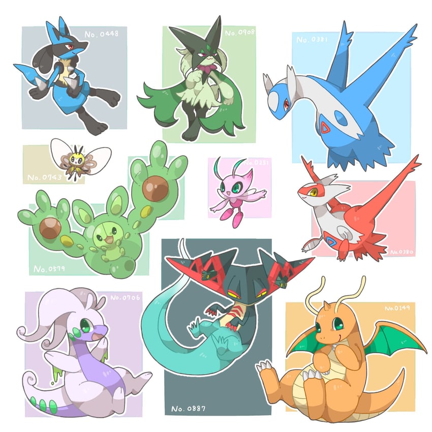 lucario, meowscarada, latias, dragonite, latios, and 5 more (pokemon) drawn by towa_(clonea)