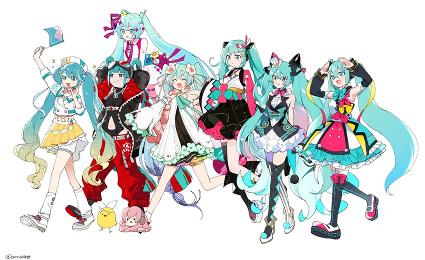 hatsune miku, kagamine rin, megurine luka, magical mirai miku, and takoluka (vocaloid and 1 more) drawn by omutatsu