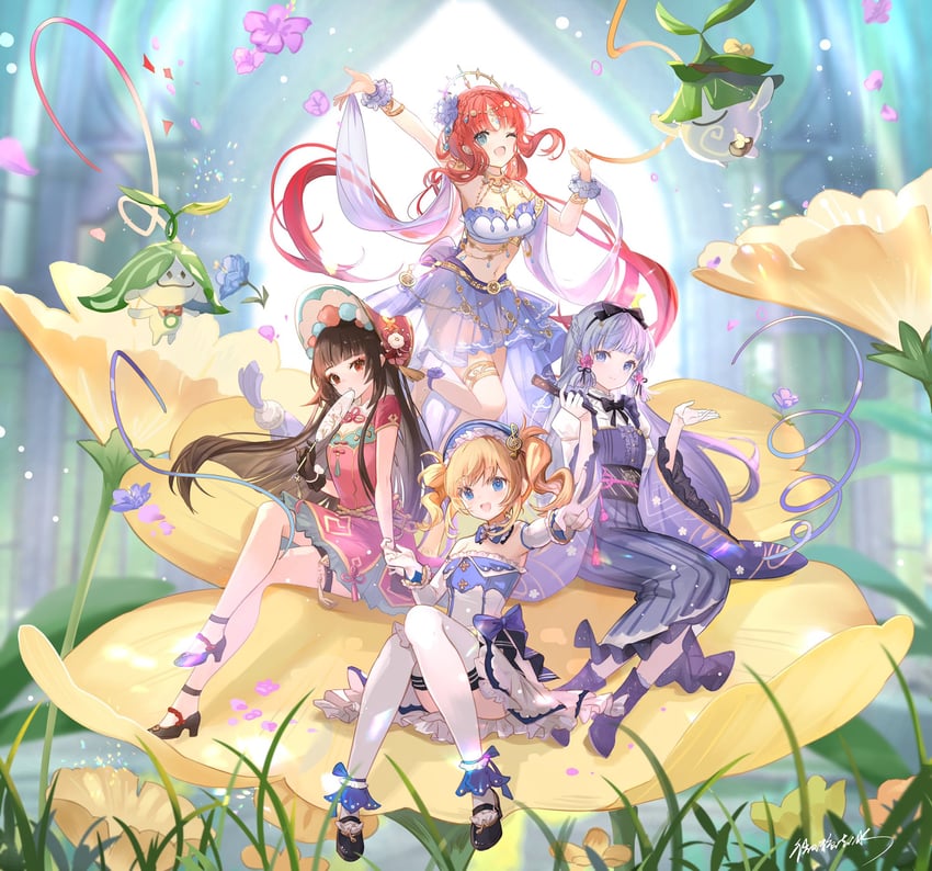 kamisato ayaka, nilou, barbara, aranara, yun jin, and 2 more (genshin impact) drawn by issign