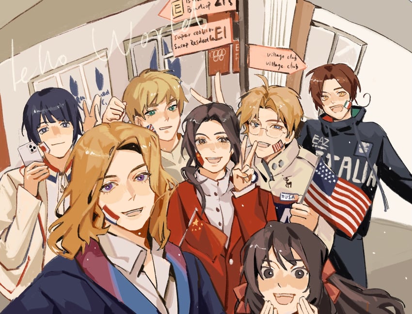 america, united kingdom, japan, china, france, and 2 more (axis powers hetalia and 2 more) drawn by yina9780