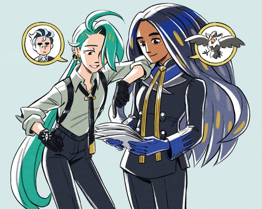 rika, geeta, larry, and staraptor (pokemon and 1 more) drawn by effie_lealand