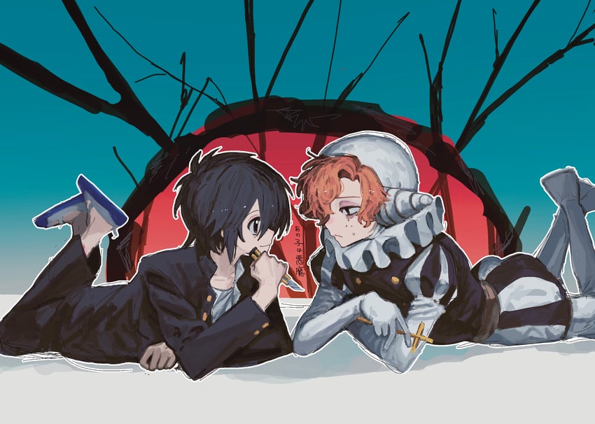 tsukada satoru and sebastian de tomato smith chicken legs (randal's friends) drawn by komiroku