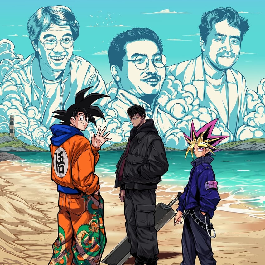 son goku, guts, muto yugi, yami yugi, shenron, and 3 more (yu-gi-oh! and 5 more) drawn by kensuke_creations