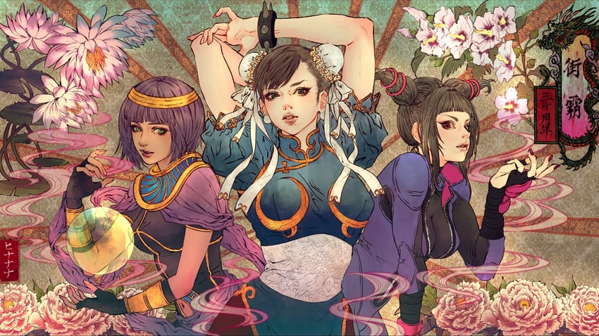 chun-li, han juri, and menat (street fighter and 1 more) drawn by hinanana