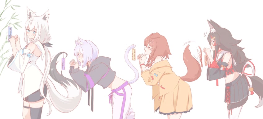 shirakami fubuki, nekomata okayu, ookami mio, and inugami korone (hololive) drawn by chamomile_(kazumasa)