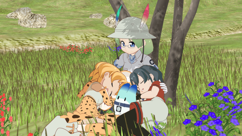 serval, kaban, lucky beast, and mirai (kemono friends) drawn by gorisu_(seiga5383371)