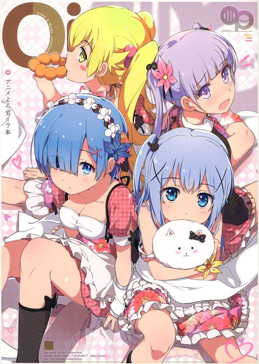 rem, kafuu chino, oshino shinobu, tippy, suzukaze aoba, and 1 more (re:zero kara hajimeru isekai seikatsu and 3 more) drawn by ogipote