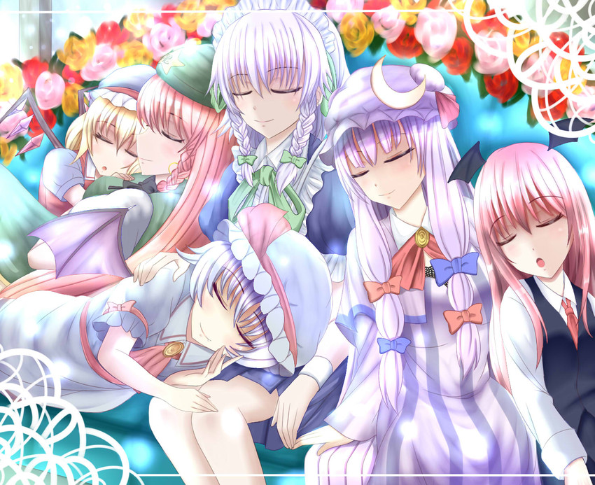 remilia scarlet, flandre scarlet, izayoi sakuya, patchouli knowledge, hong meiling, and 1 more (touhou) drawn by wendell
