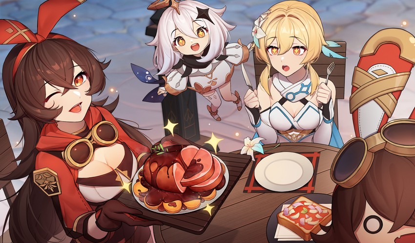 lumine, paimon, amber, and baron bunny (genshin impact) drawn by jiachong_jun_z