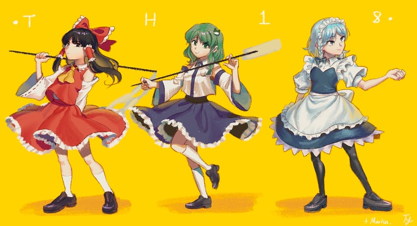 hakurei reimu, izayoi sakuya, and kochiya sanae (touhou and 1 more) drawn by elosia