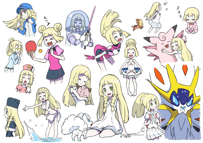 lillie, alolan vulpix, clefairy, wishiwashi, clefable, and 2 more (pokemon and 1 more) drawn by kisama_(0213)