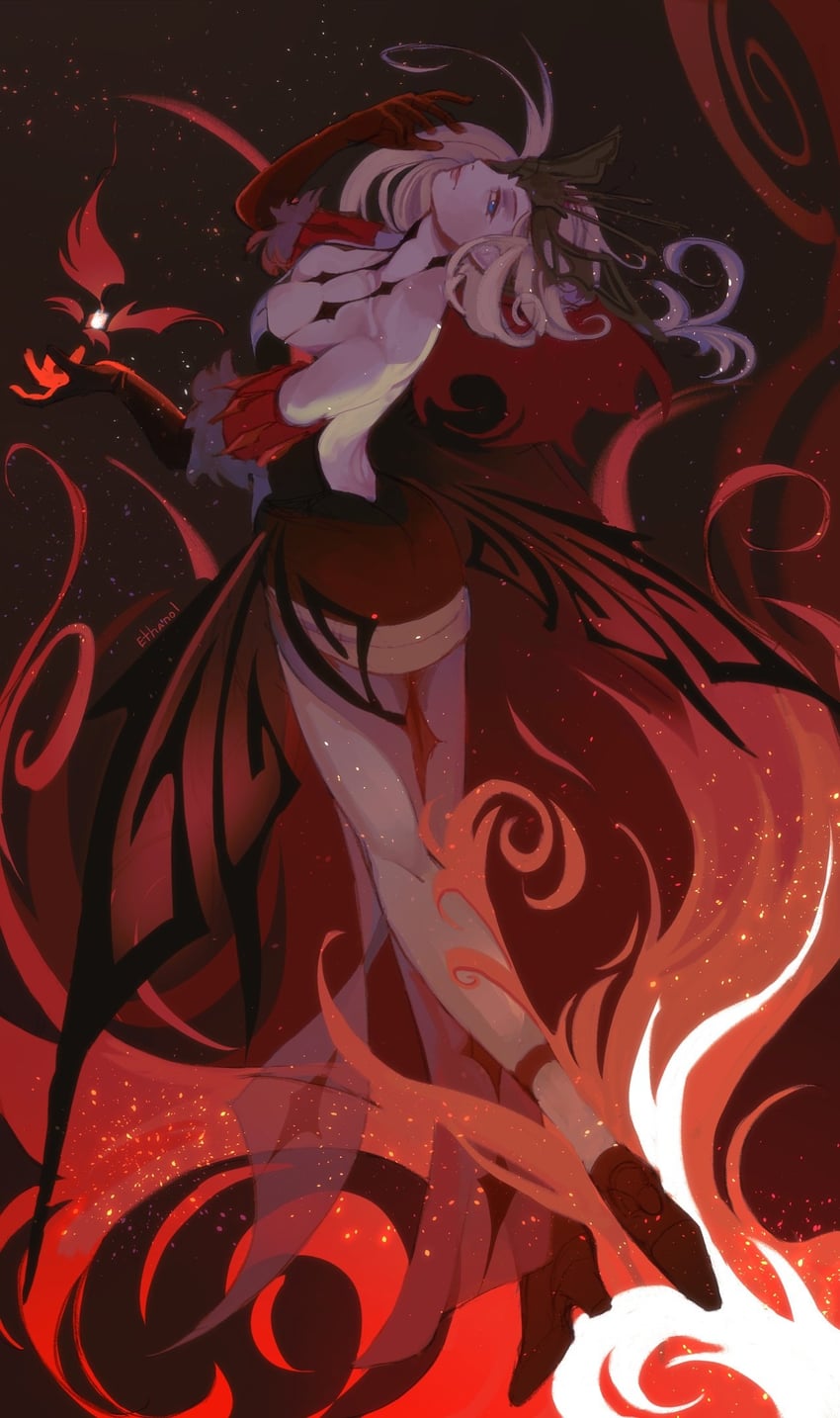 signora and crimson lotus moth (genshin impact) drawn by ethanol_(bruhtanol)