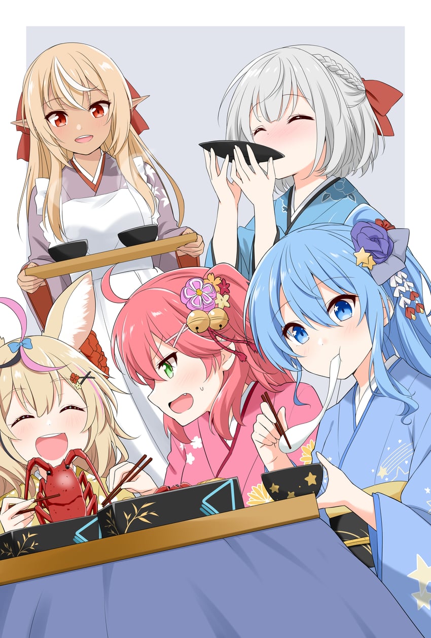 hoshimachi suisei, sakura miko, shirogane noel, shiranui flare, and omaru polka (hololive) drawn by felutiahime