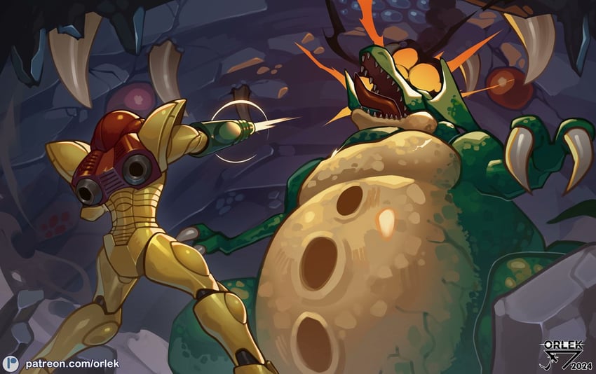 samus aran and kraid (metroid and 1 more) drawn by orlek