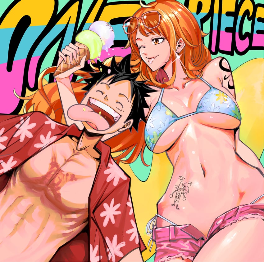 nami and monkey d. luffy (one piece) drawn by nadainishi