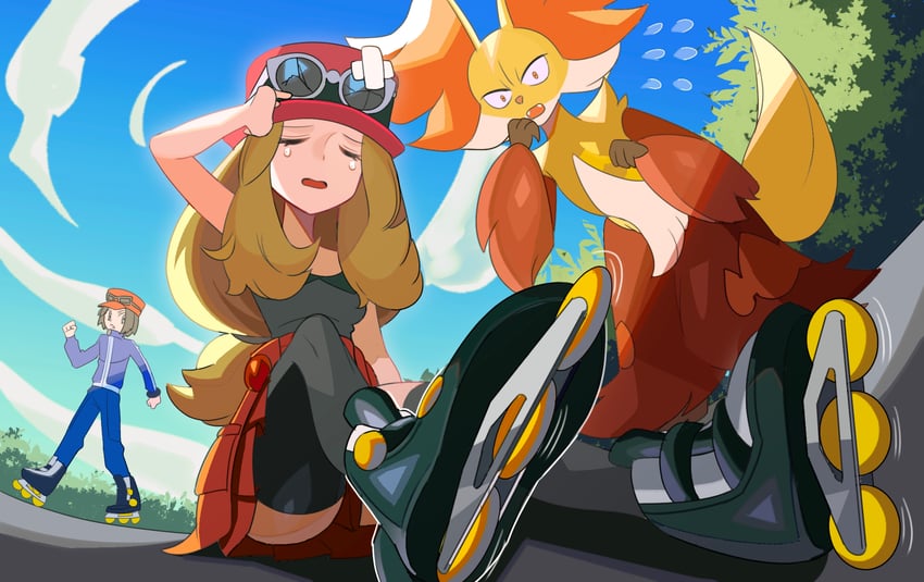 serena, calem, and delphox (pokemon and 1 more) drawn by =_(9_yawbus)