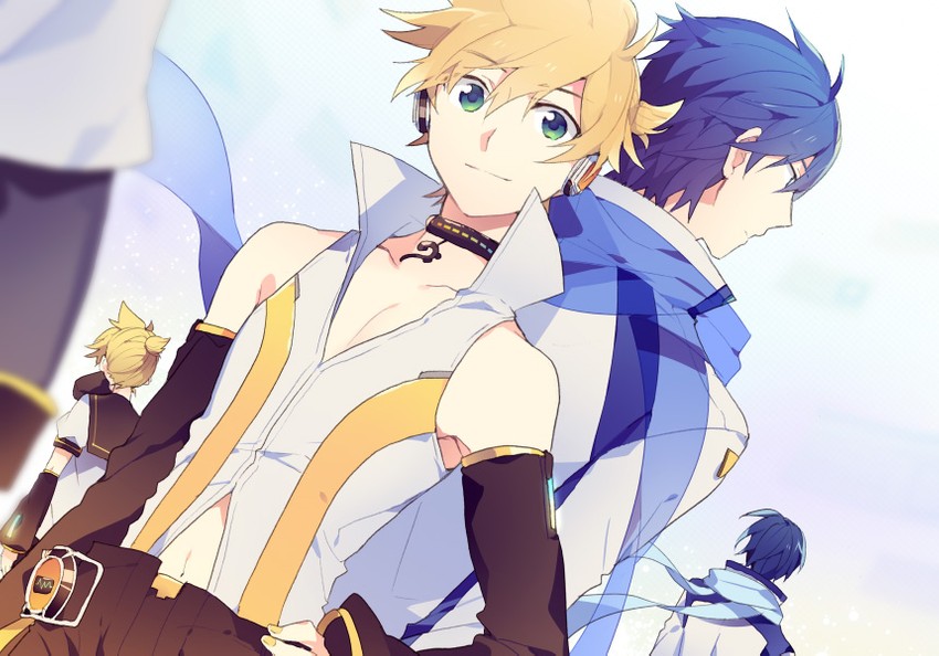 kagamine rin, kagamine len, and kaito (vocaloid) drawn by sinaooo