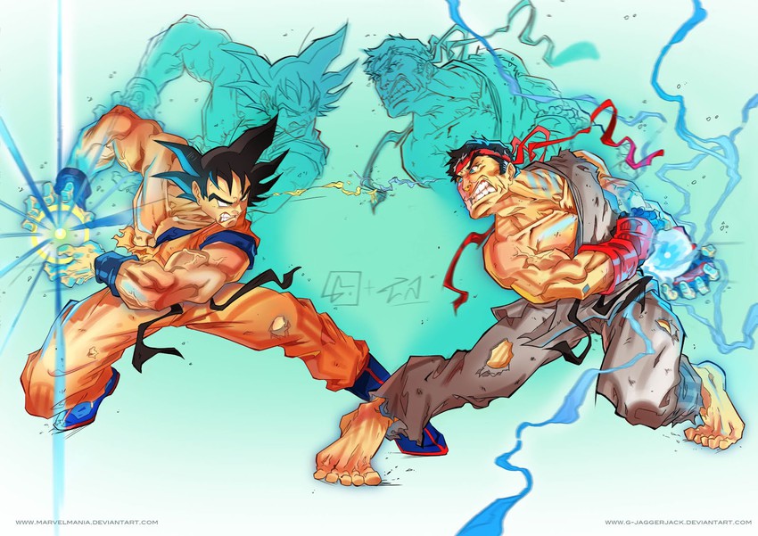 son goku and ryu (street fighter and 2 more) drawn by luis_figueiredo and tunde_jaji