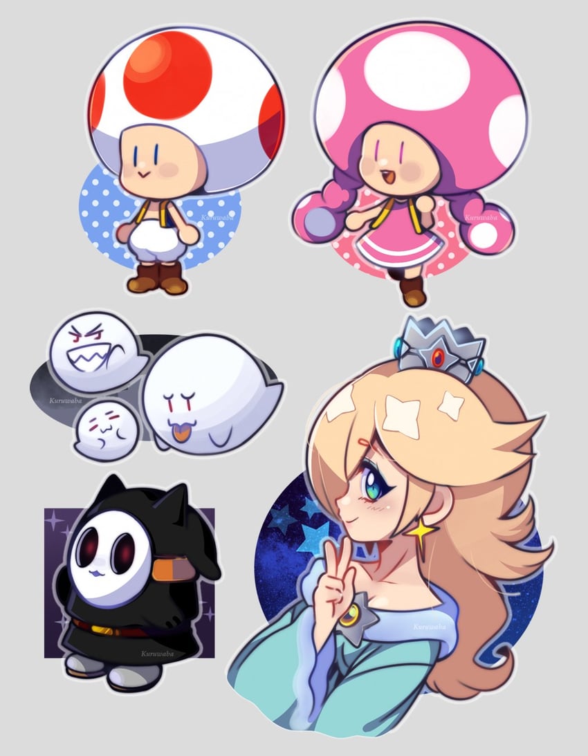 rosalina, boo, toad, red toad, shy guy, and 1 more (mario) drawn by quartette
