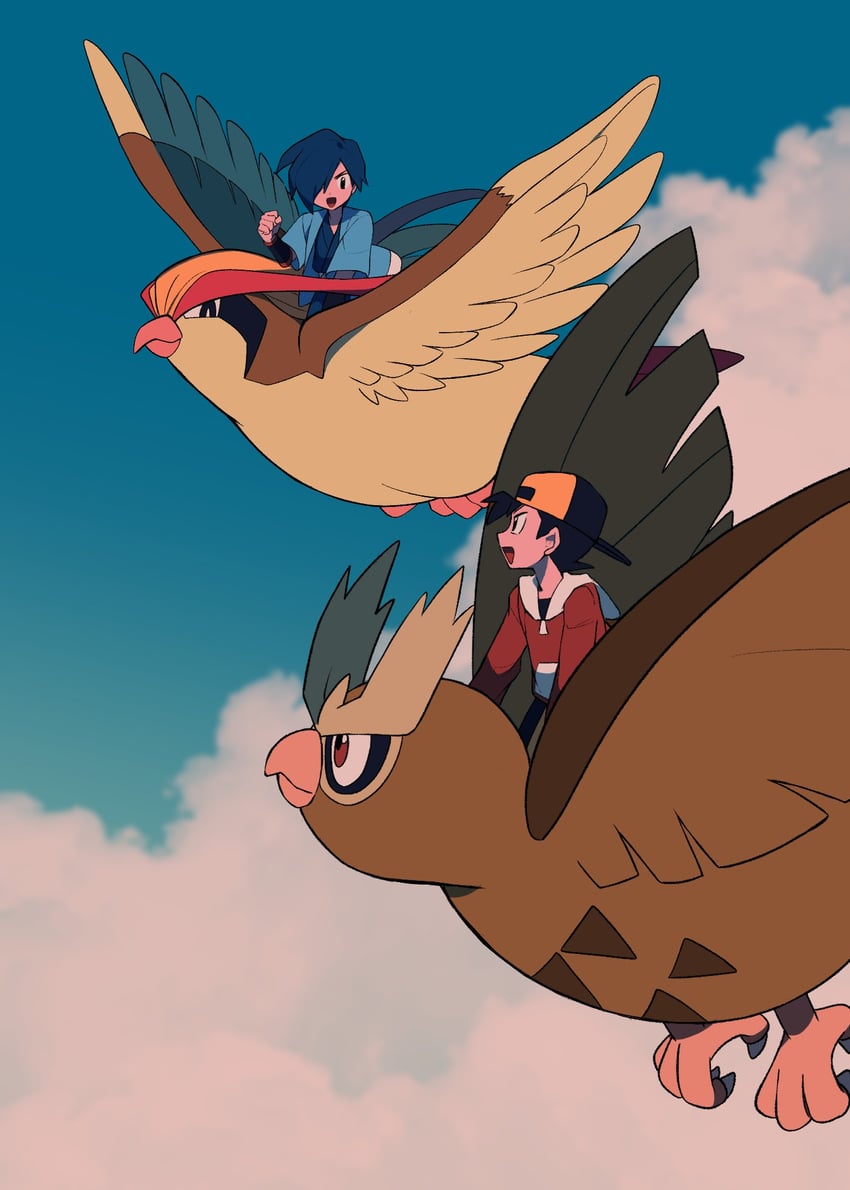 ethan, pidgeot, falkner, and noctowl (pokemon and 1 more) drawn by tyako_089