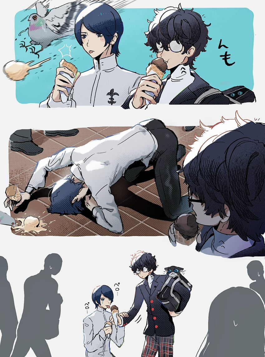amamiya ren, morgana, and kitagawa yuusuke (persona and 1 more) drawn by game_43ice