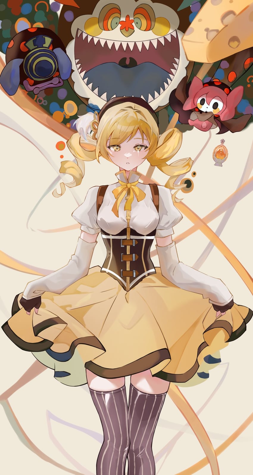 tomoe mami, charlotte, and pyotr (mahou shoujo madoka magica) drawn by mitsukiib