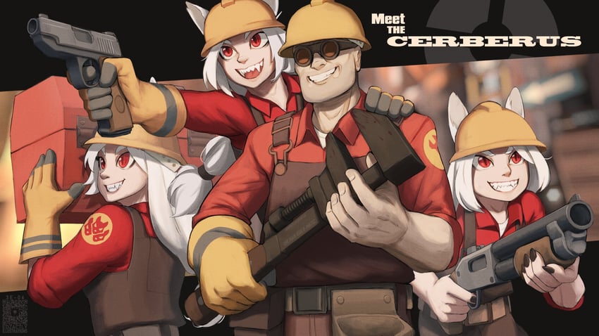 cerberus, engineer, and red engineer (helltaker and 1 more) drawn by edzactly