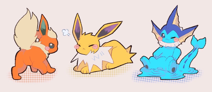vaporeon, flareon, and jolteon (pokemon) drawn by suna_k0nbu