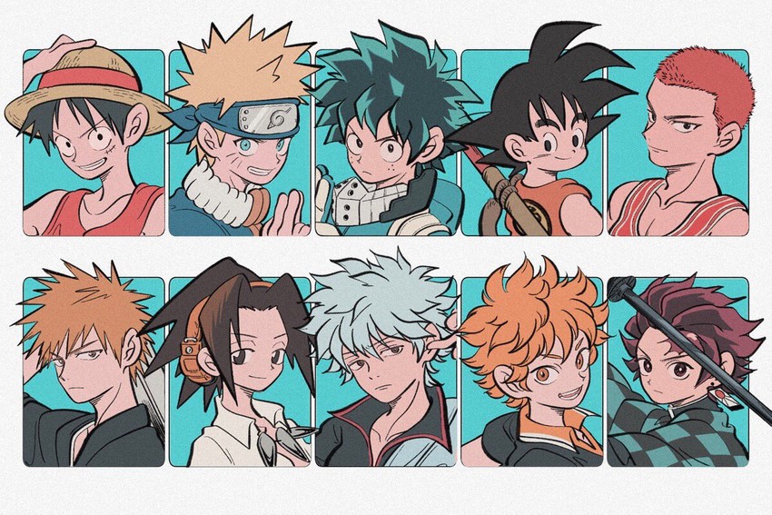 son goku, monkey d. luffy, midoriya izuku, uzumaki naruto, sakata gintoki, and 5 more (one piece and 11 more) drawn by uzuta