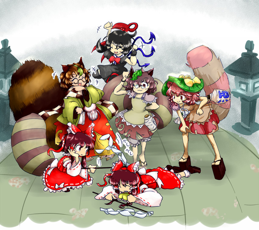 hakurei reimu, houjuu nue, and futatsuiwa mamizou (touhou) drawn by reishen