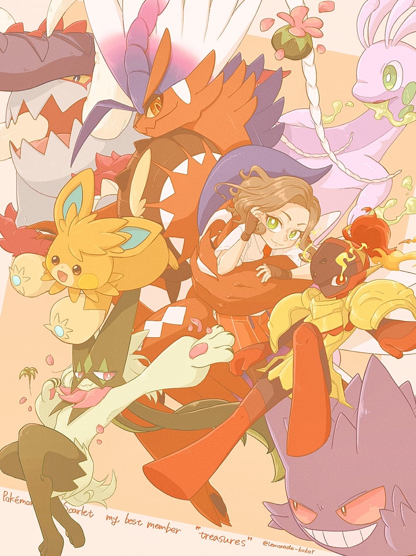 juliana, gengar, meowscarada, koraidon, goodra, and 3 more (pokemon and 1 more) drawn by lemonade_kokoi