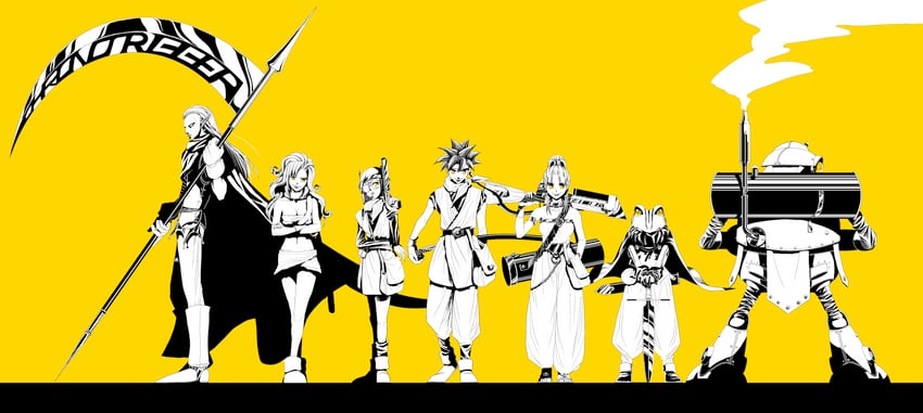 lucca ashtear, crono, marle, ayla, robo, and 2 more (chrono trigger) drawn by akitaka_(s_asai)