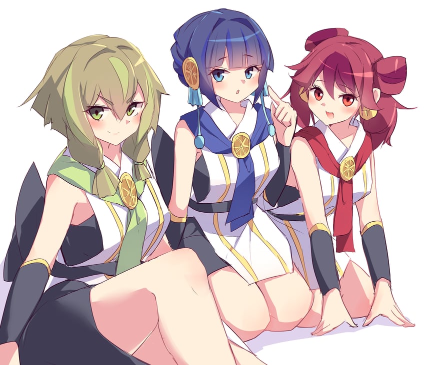 hu-li the jewel mikanko, ni-ni the mirror mikanko, and ha-re the sword mikanko (yu-gi-oh!) drawn by kanzakietc