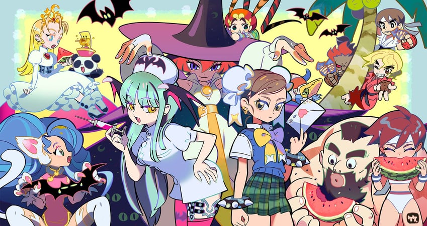 chun-li, morrigan aensland, ryu, felicia, kasugano sakura, and 7 more (street fighter and 4 more) drawn by take_(takegarou)