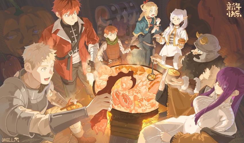 frieren, fern, marcille donato, laios touden, senshi, and 2 more (sousou no frieren and 1 more) drawn by lazy_dog_916513884